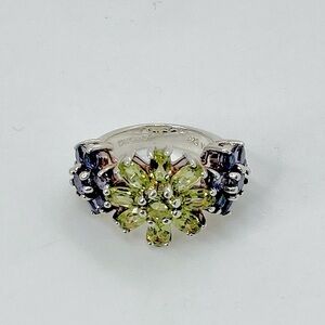 Vtg Sterling Silver Amethyst & Peridot Floral Cocktail Ring 3 Flowers | Sz 5